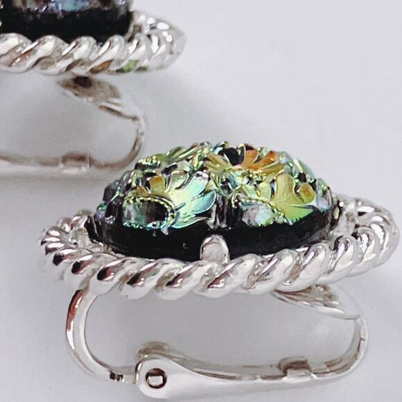 VTG 1960s Signed Sarah Coventry Northern Lights Glass Cabochon Clip On Earrings - Picture 6 of 10